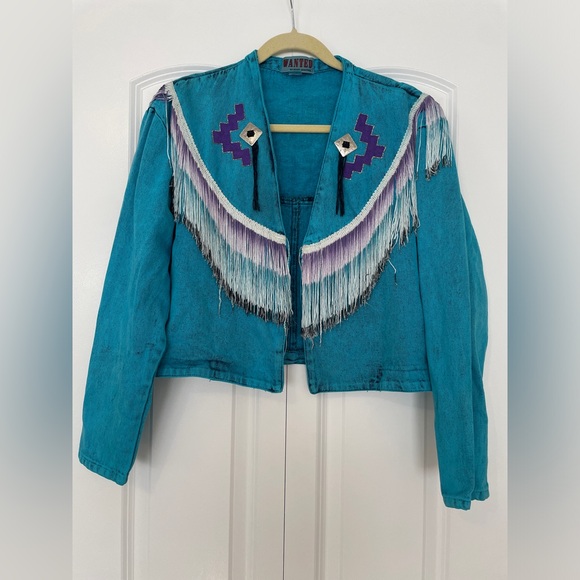 Teal Fringe Jean Jacket with Purple Accents - Picture 1 of 2